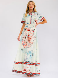 WOMEN'S SHORT SLEEVE SELF TIE BUTTON UP SMOCK WAIST MULTI PRINT MAXI DRESS