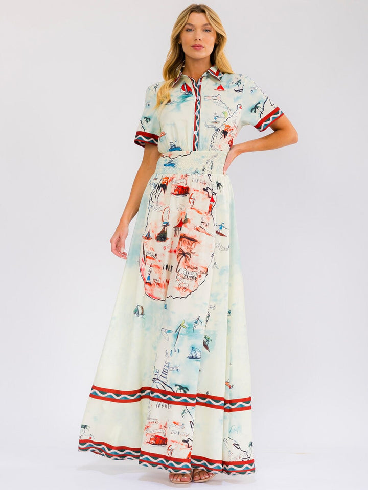 WOMEN'S SHORT SLEEVE SELF TIE BUTTON UP SMOCK WAIST MULTI PRINT MAXI DRESS