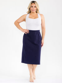 PLUS SIZE ELASTIC WAIST SOLID MIDI SKIRT