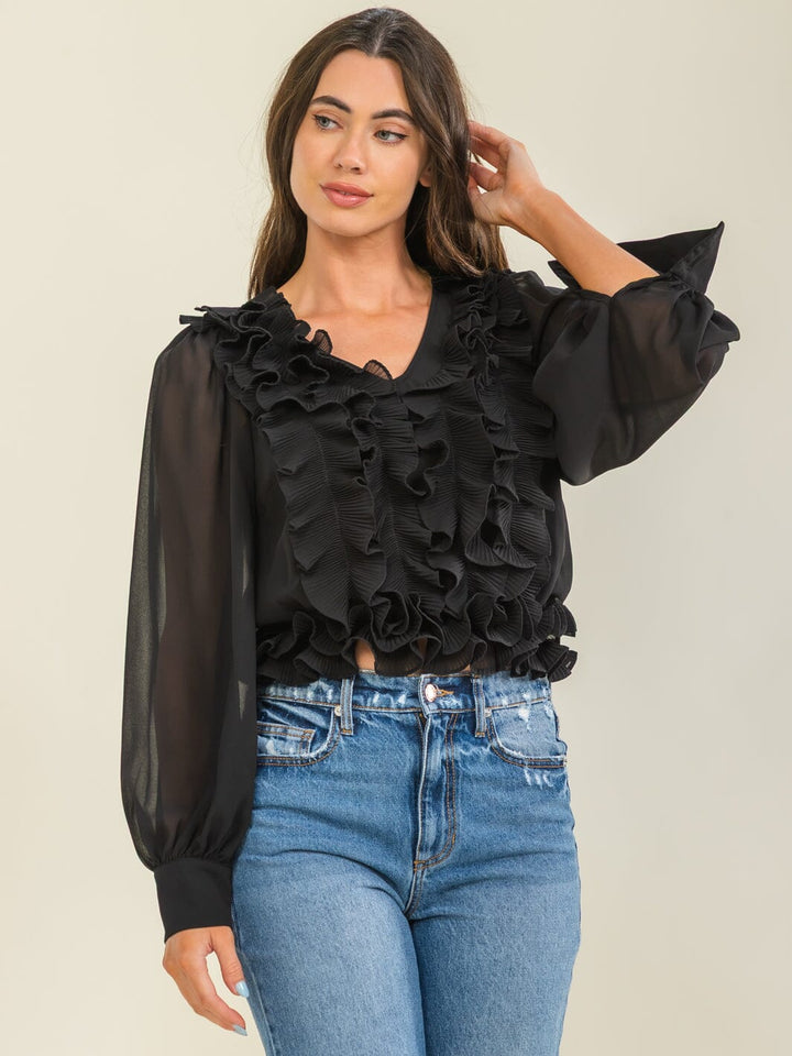 ENTRO WOMEN'S LONG SLEEVE V-NECK RUFFLE BLOUSE