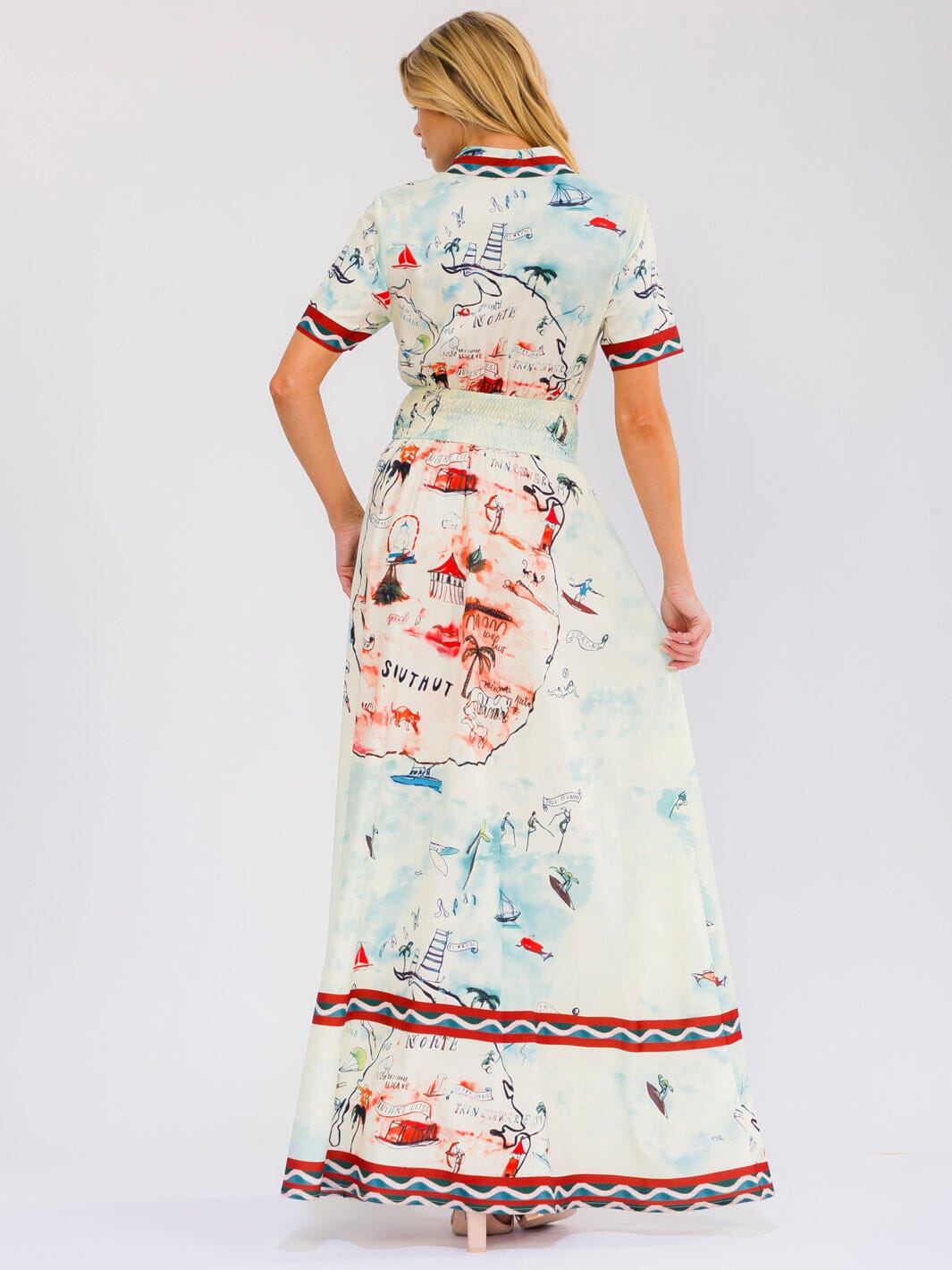 WOMEN'S SHORT SLEEVE SELF TIE BUTTON UP SMOCK WAIST MULTI PRINT MAXI DRESS