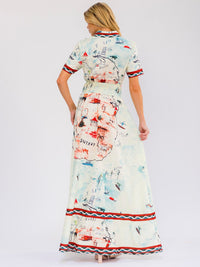WOMEN'S SHORT SLEEVE SELF TIE BUTTON UP SMOCK WAIST MULTI PRINT MAXI DRESS