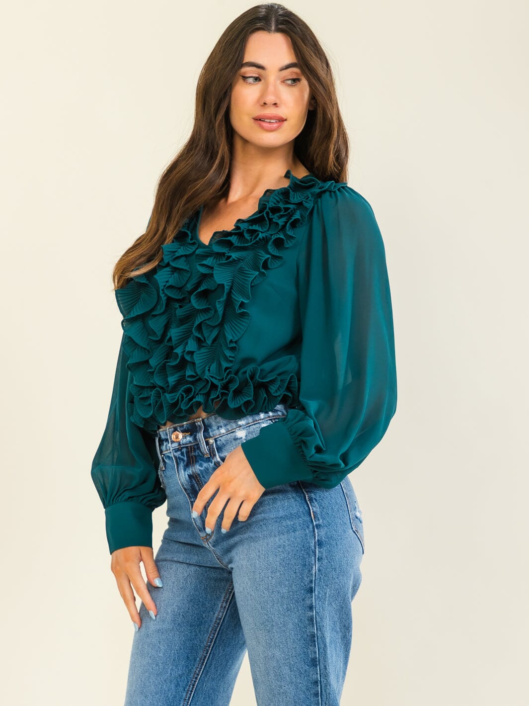 ENTRO WOMEN'S LONG SLEEVE V-NECK RUFFLE BLOUSE