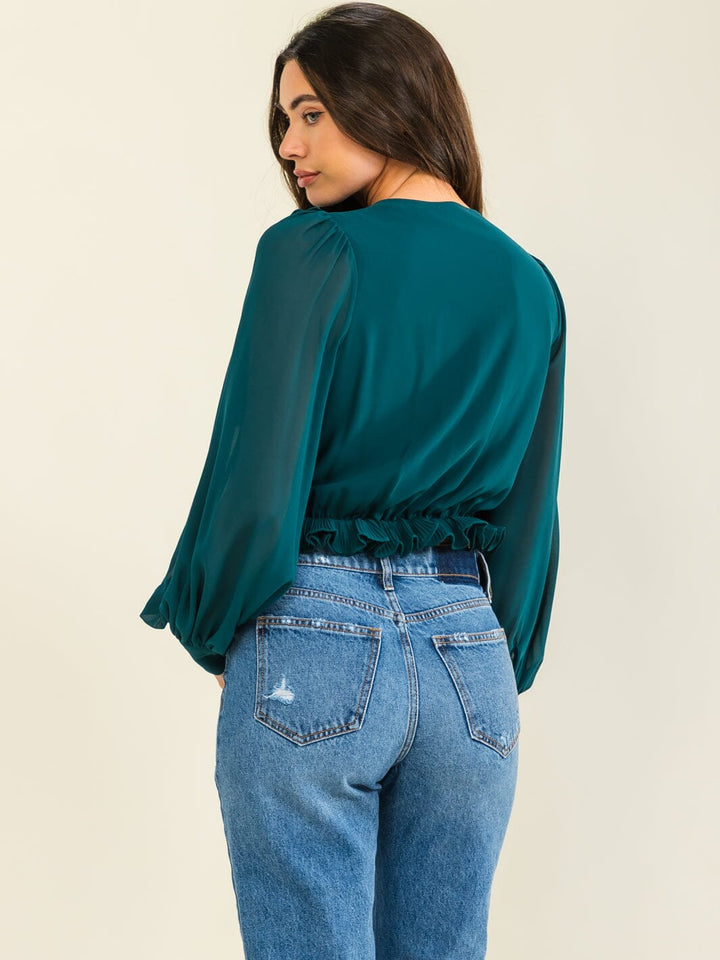 ENTRO WOMEN'S LONG SLEEVE V-NECK RUFFLE BLOUSE