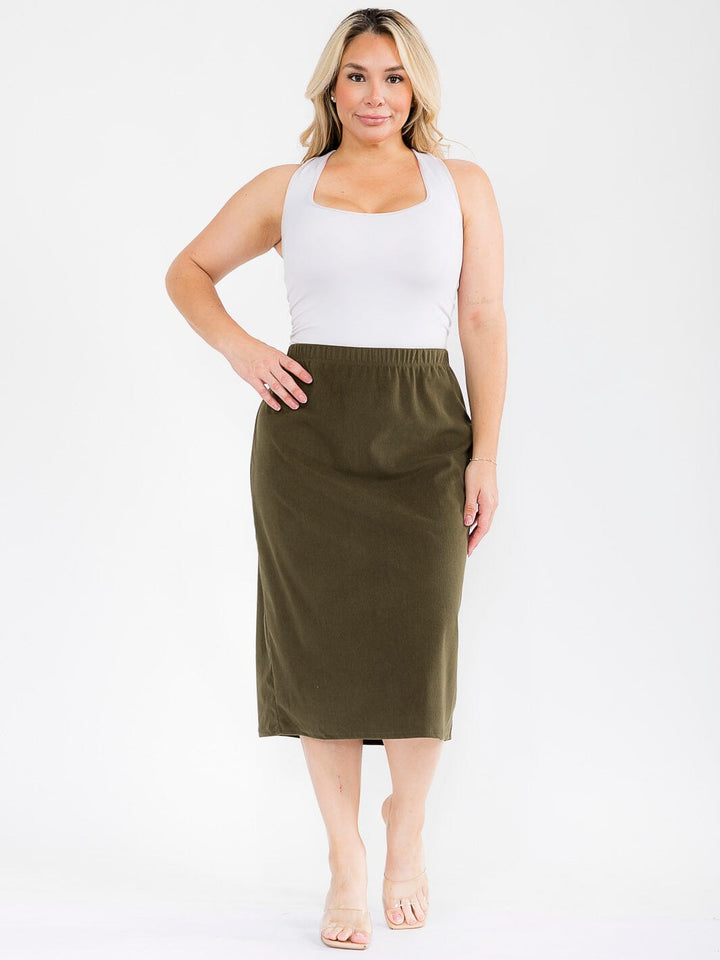 PLUS SIZE ELASTIC WAIST CORDUROY MIDI SKIRT