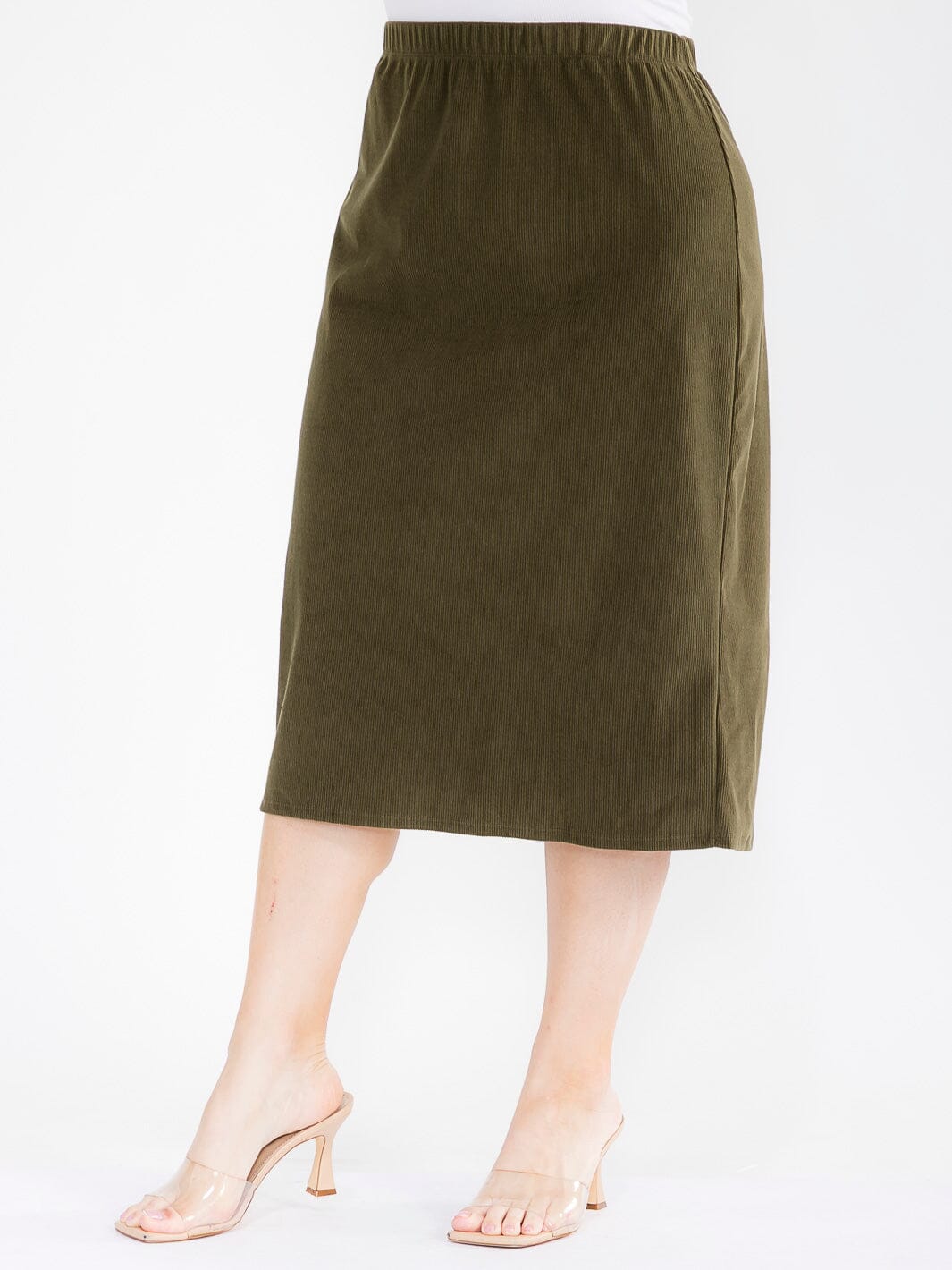 PLUS SIZE ELASTIC WAIST CORDUROY MIDI SKIRT
