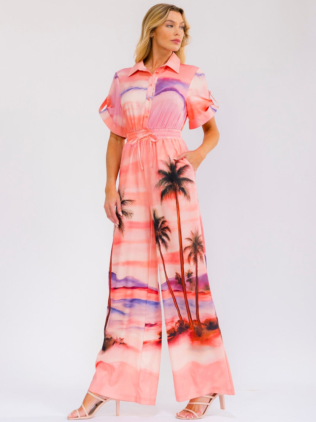 WOMEN'S SHORT SLEEVE BUTTON UP POCKETS ELASTIC WAIST WIDE LEG MULTI PRINT JUMPSUIT