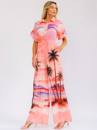 WOMEN'S SHORT SLEEVE BUTTON UP POCKETS ELASTIC WAIST WIDE LEG MULTI PRINT JUMPSUIT
