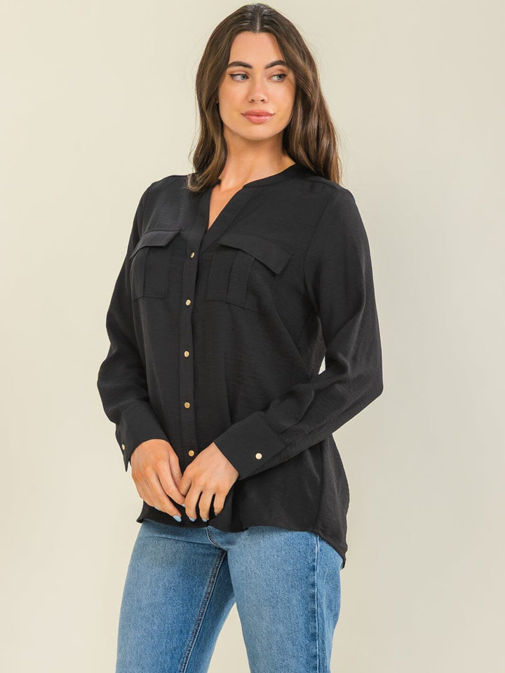 ENTRO WOMEN'S LONG SLEEVE BUTTON UP FRONT POCKETS BLOUSE