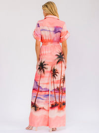 WOMEN'S SHORT SLEEVE BUTTON UP POCKETS ELASTIC WAIST WIDE LEG MULTI PRINT JUMPSUIT