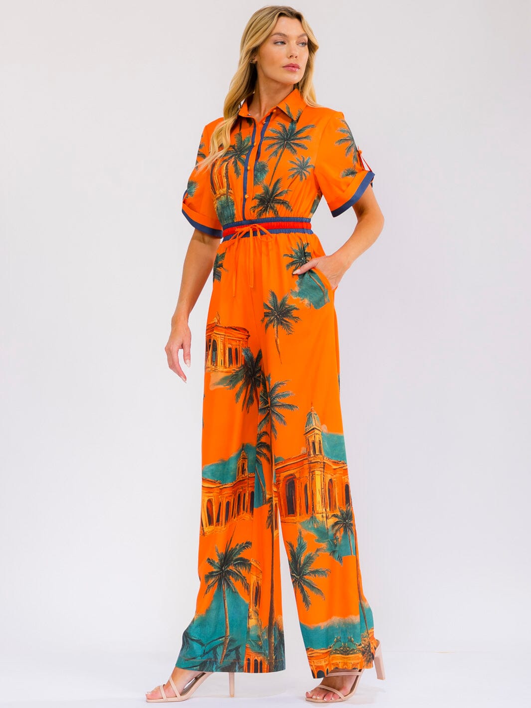 WOMEN'S SHORT SLEEVE BUTTON UP POCKETS ELASTIC WAIST WIDE LEG MULTI PRINT JUMPSUIT