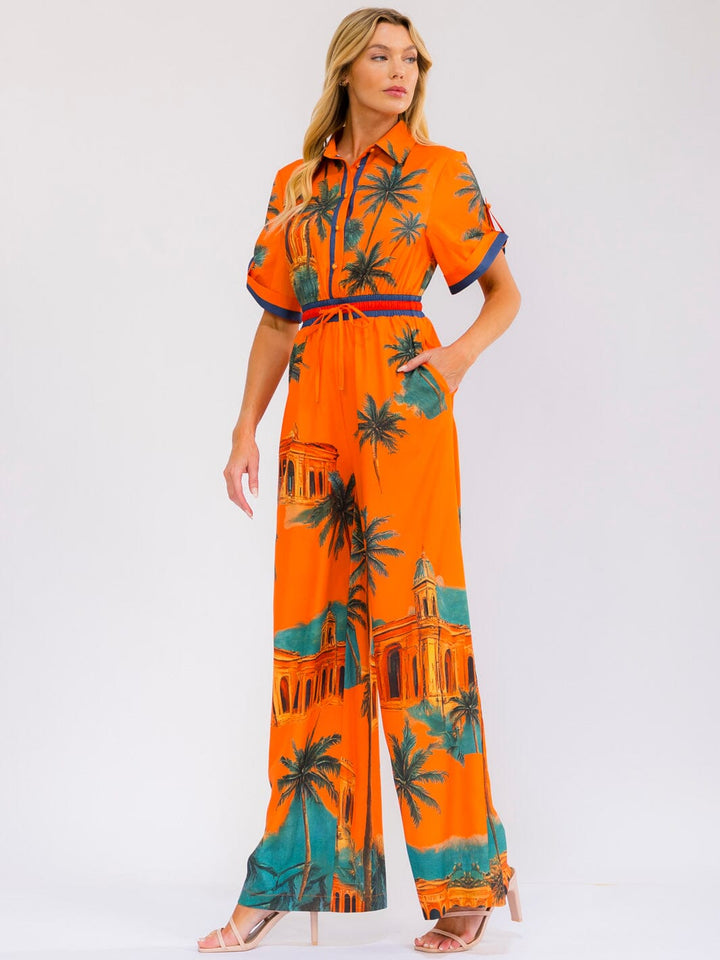 WOMEN'S SHORT SLEEVE BUTTON UP POCKETS ELASTIC WAIST WIDE LEG MULTI PRINT JUMPSUIT