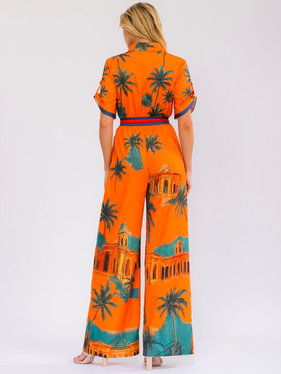 WOMEN'S SHORT SLEEVE BUTTON UP POCKETS ELASTIC WAIST WIDE LEG MULTI PRINT JUMPSUIT