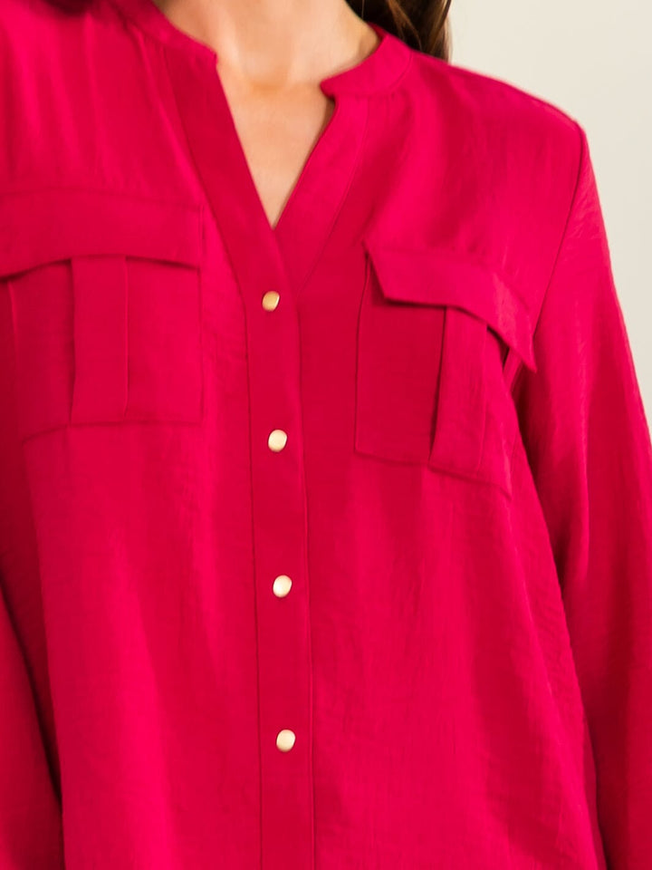 ENTRO WOMEN'S LONG SLEEVE BUTTON UP FRONT POCKETS BLOUSE