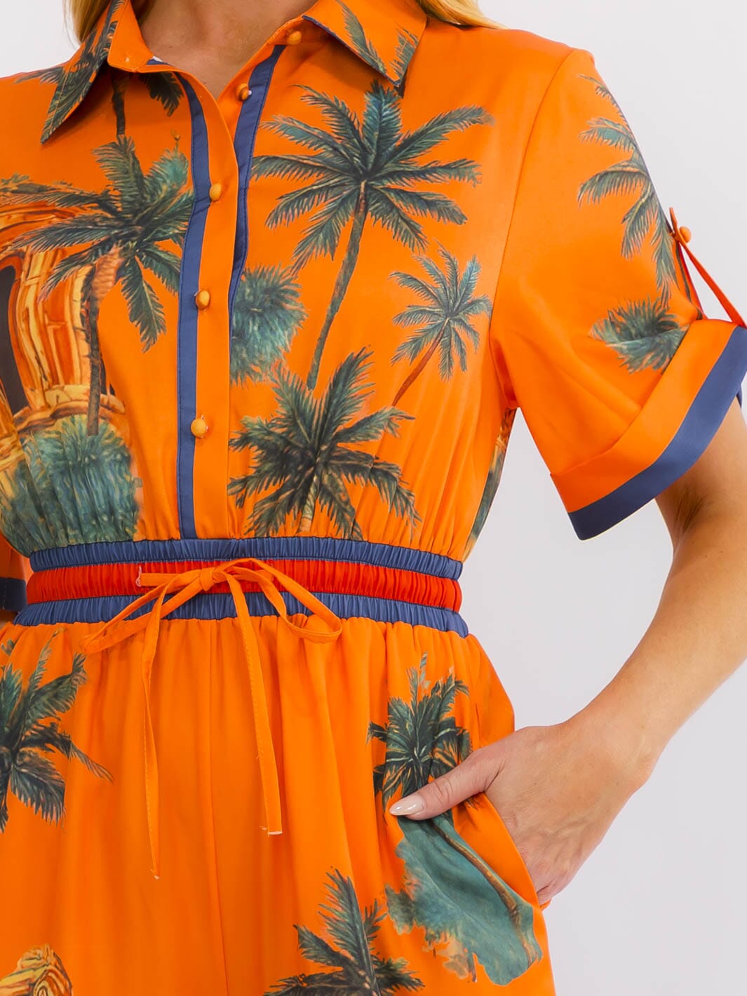 WOMEN'S SHORT SLEEVE BUTTON UP POCKETS ELASTIC WAIST WIDE LEG MULTI PRINT JUMPSUIT