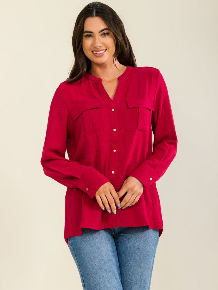 ENTRO WOMEN'S LONG SLEEVE BUTTON UP FRONT POCKETS BLOUSE