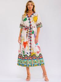 WOMEN'S SHORT SLEEVE SELF TIE WRAP MULTI PRINT MAXI DRESS