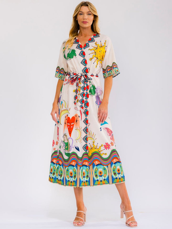 WOMEN'S SHORT SLEEVE SELF TIE WRAP MULTI PRINT MAXI DRESS