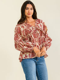 WOMEN'S LONG SLEEVE V-NECK MULTI PRINT TUNIC BLOUSE