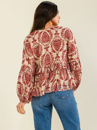 WOMEN'S LONG SLEEVE V-NECK MULTI PRINT TUNIC BLOUSE