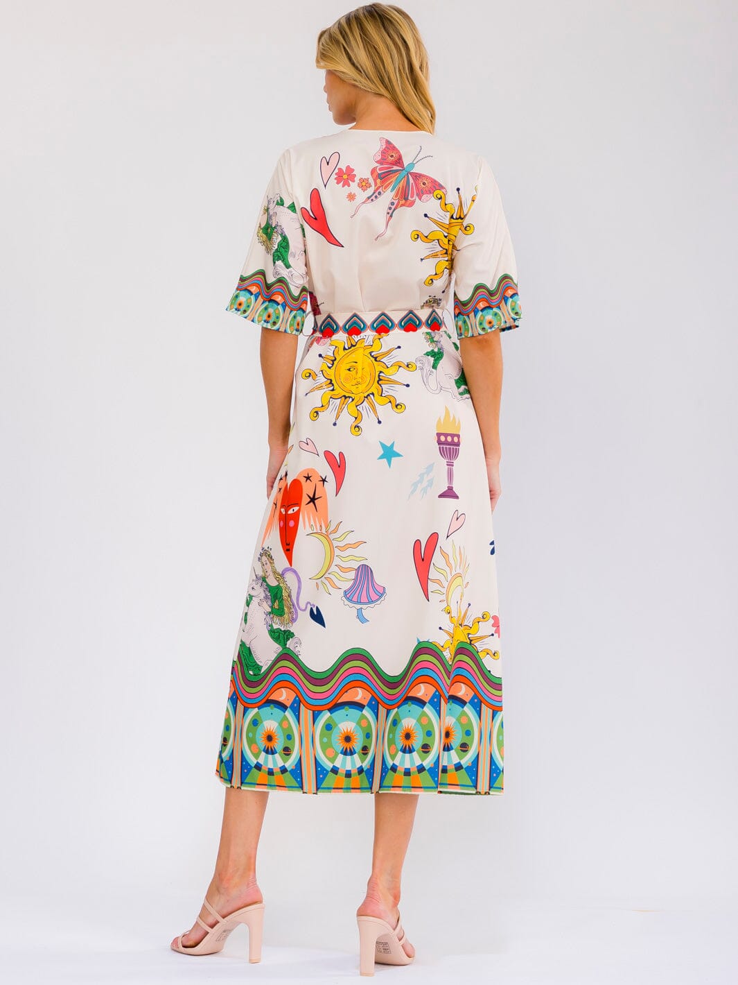 WOMEN'S SHORT SLEEVE SELF TIE WRAP MULTI PRINT MAXI DRESS