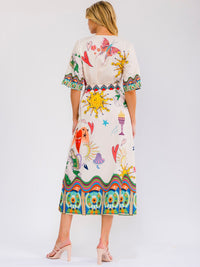 WOMEN'S SHORT SLEEVE SELF TIE WRAP MULTI PRINT MAXI DRESS