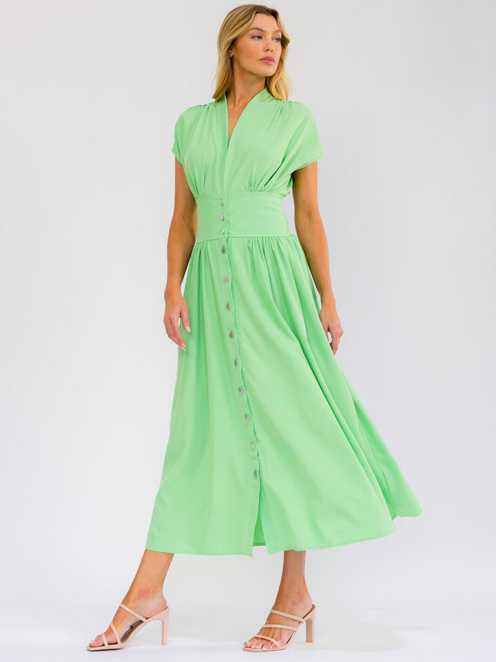WOMEN'S SHORT SLEEVE BUTTON UP V-NECK SMOCK WAIST MAXI DRESS