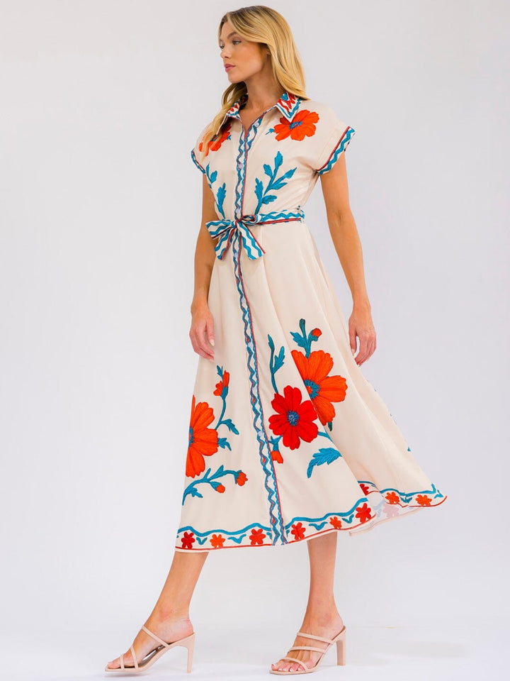 WOMEN'S SHORT SLEEVE SELF TIE BUTTON UP FLORAL PRINT MAXI DRESS