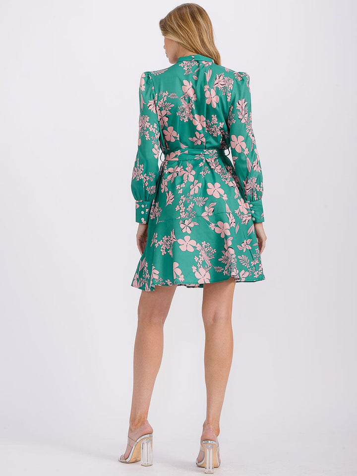 WOMEN'S LONG SLEEVE BUTTON UP SELF TIE FLORAL MINI DRESS