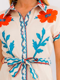WOMEN'S SHORT SLEEVE SELF TIE BUTTON UP FLORAL PRINT MAXI DRESS