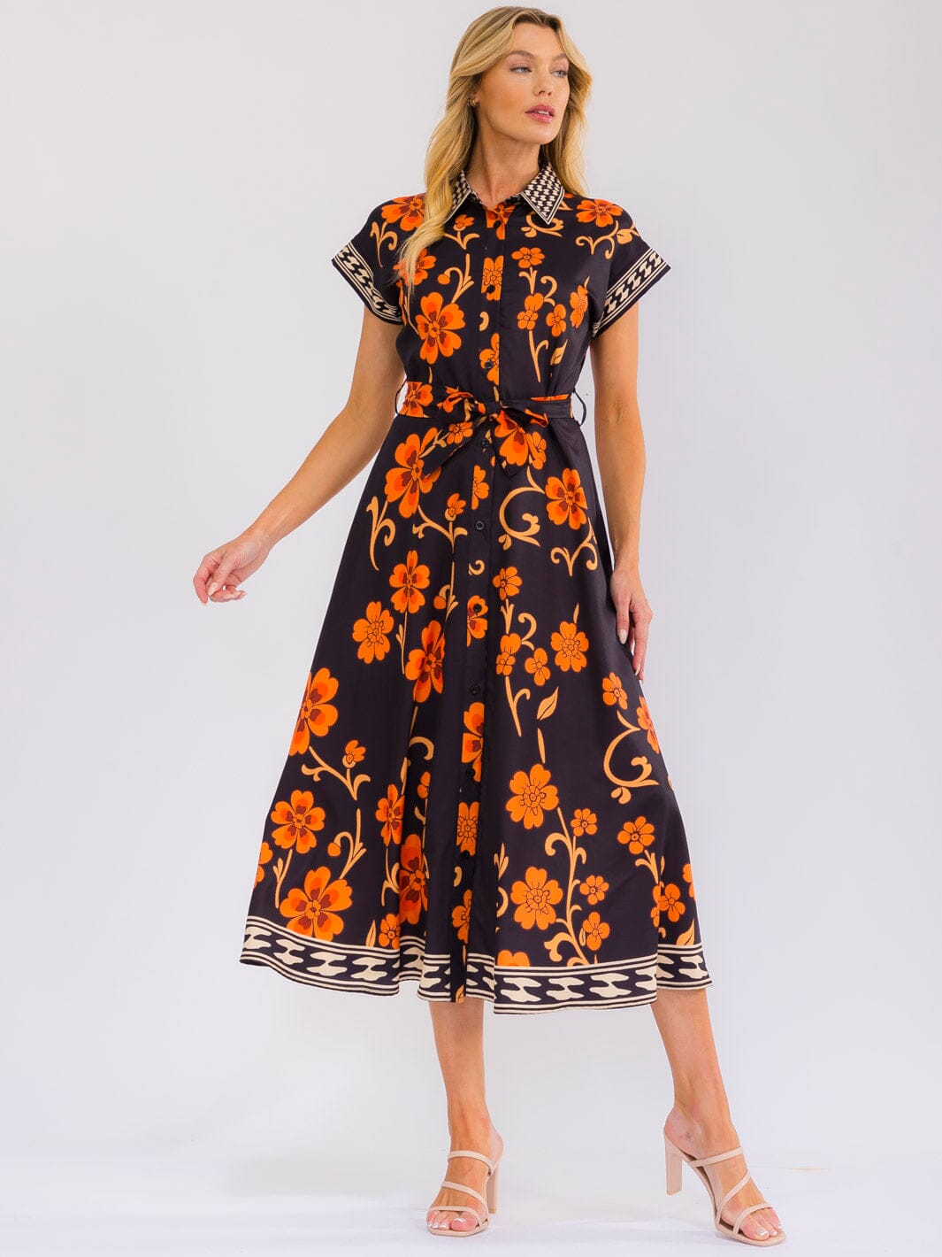 WOMEN'S SHORT SLEEVE SELF TIE BUTTON UP FLORAL PRINT MAXI DRESS