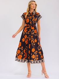 WOMEN'S SHORT SLEEVE SELF TIE BUTTON UP FLORAL PRINT MAXI DRESS