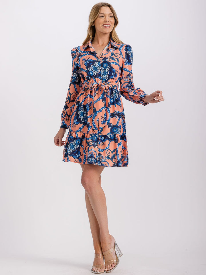 WOMEN'S LONG SLEEVE BUTTON UP SELF TIE MULTI PRINT MINI DRESS