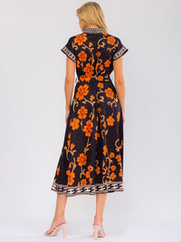 WOMEN'S SHORT SLEEVE SELF TIE BUTTON UP FLORAL PRINT MAXI DRESS