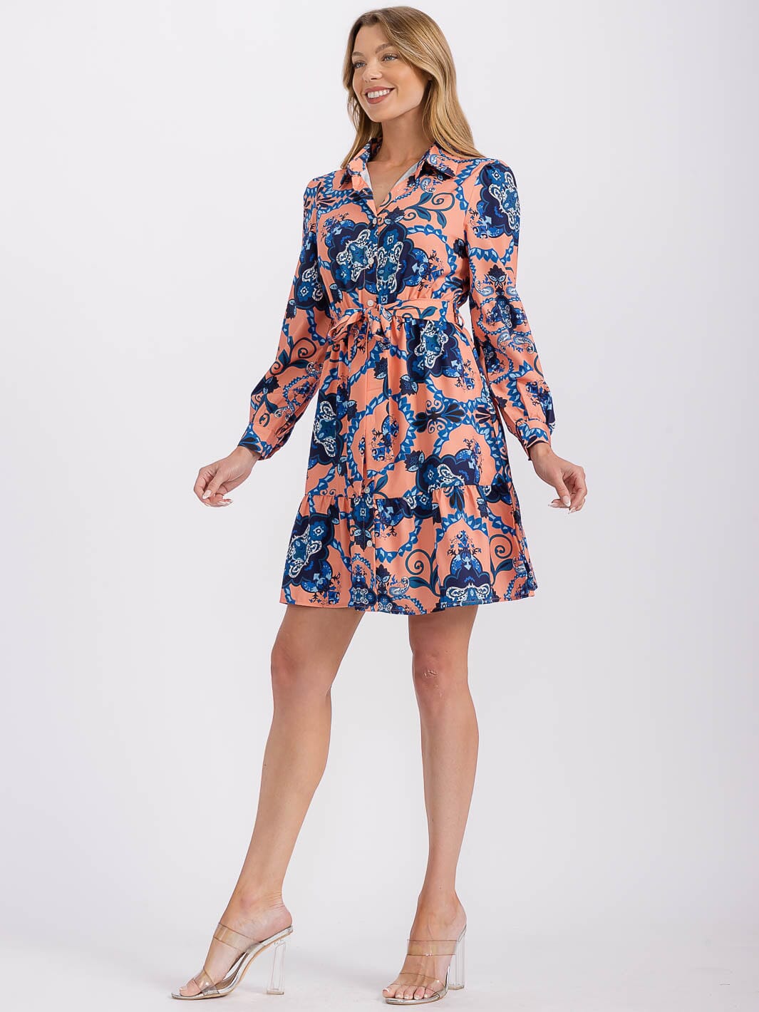 WOMEN'S LONG SLEEVE BUTTON UP SELF TIE MULTI PRINT MINI DRESS