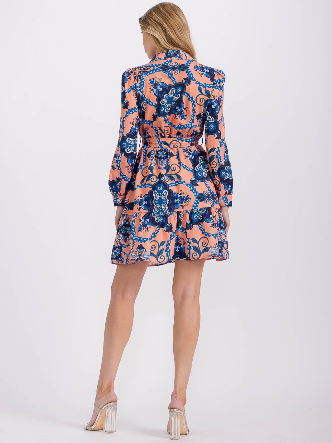 WOMEN'S LONG SLEEVE BUTTON UP SELF TIE MULTI PRINT MINI DRESS