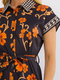WOMEN'S SHORT SLEEVE SELF TIE BUTTON UP FLORAL PRINT MAXI DRESS