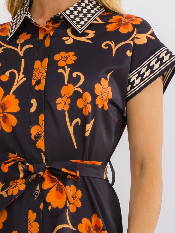WOMEN'S SHORT SLEEVE SELF TIE BUTTON UP FLORAL PRINT MAXI DRESS