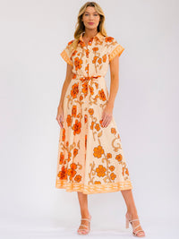 WOMEN'S SHORT SLEEVE SELF TIE BUTTON UP FLORAL PRINT MAXI DRESS