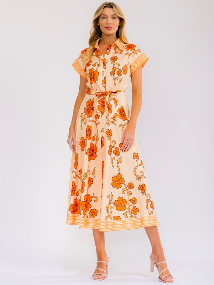 WOMEN'S SHORT SLEEVE SELF TIE BUTTON UP FLORAL PRINT MAXI DRESS