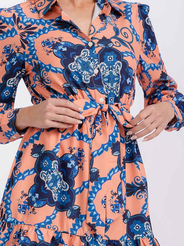 WOMEN'S LONG SLEEVE BUTTON UP SELF TIE MULTI PRINT MINI DRESS