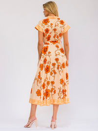 WOMEN'S SHORT SLEEVE SELF TIE BUTTON UP FLORAL PRINT MAXI DRESS