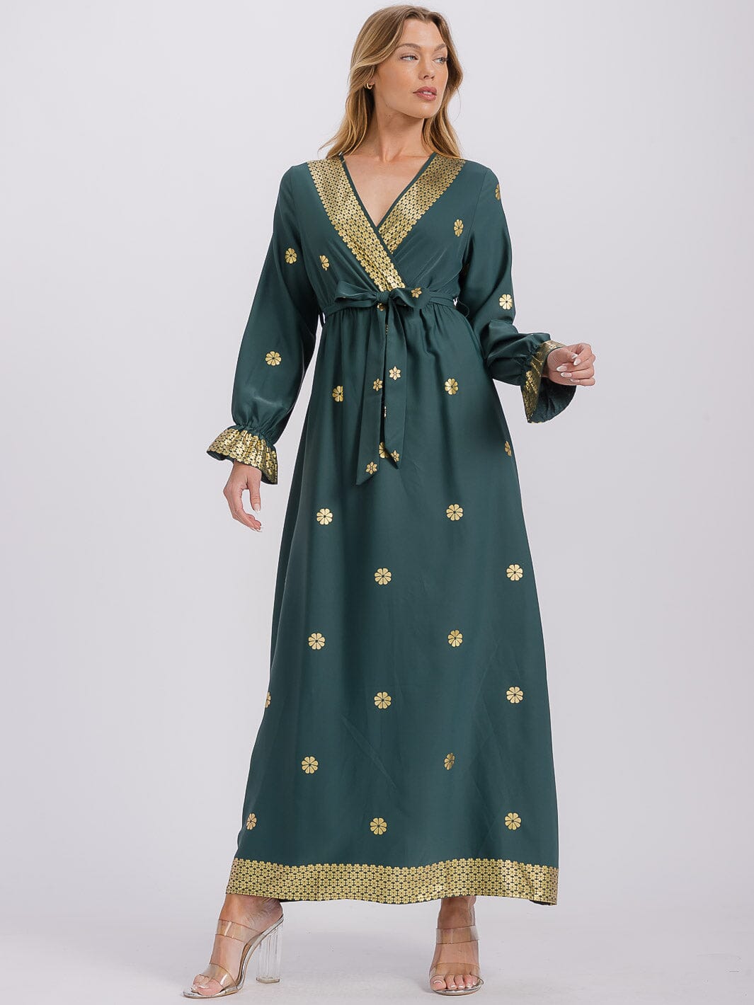 WOMEN'S LONG SLEEVE SURPLICE SELF TIE ELASTIC WAIST FLORAL MAXI DRESS