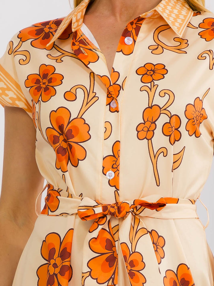 WOMEN'S SHORT SLEEVE SELF TIE BUTTON UP FLORAL PRINT MAXI DRESS