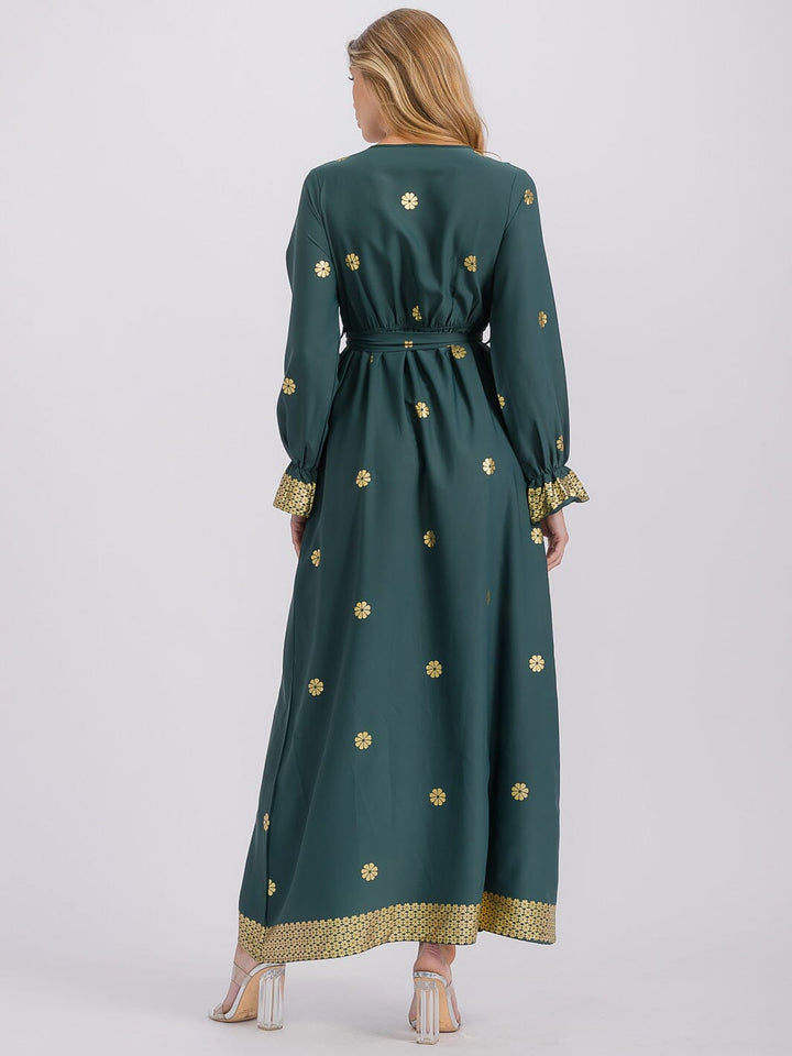 WOMEN'S LONG SLEEVE SURPLICE SELF TIE ELASTIC WAIST FLORAL MAXI DRESS