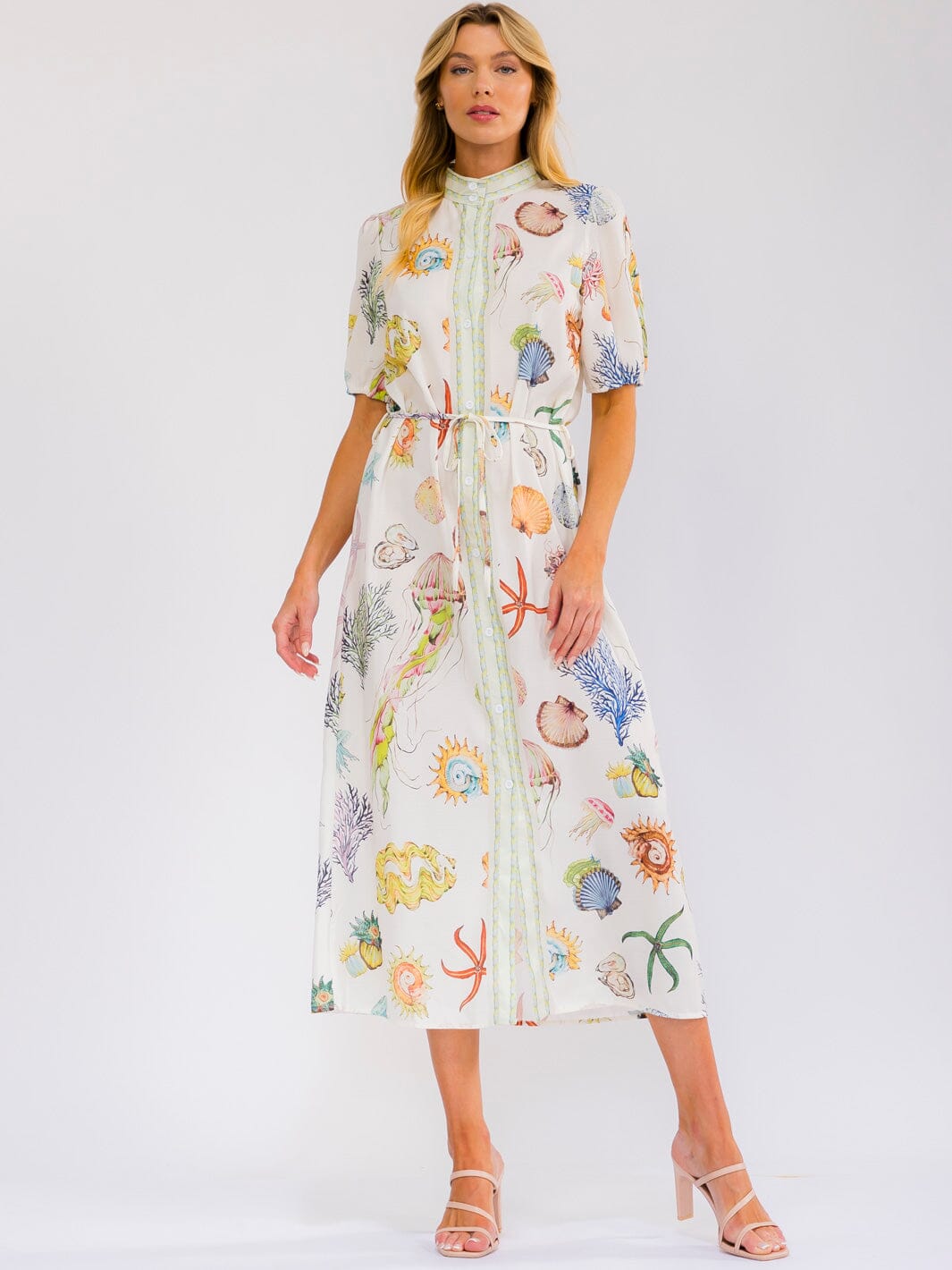 WOMEN'S SHORT SLEEVE SELF TIE BUTTON UP MULTI PRINT MAXI DRESS