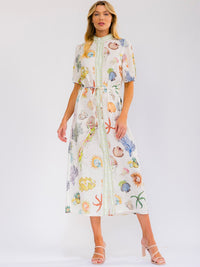 WOMEN'S SHORT SLEEVE SELF TIE BUTTON UP MULTI PRINT MAXI DRESS