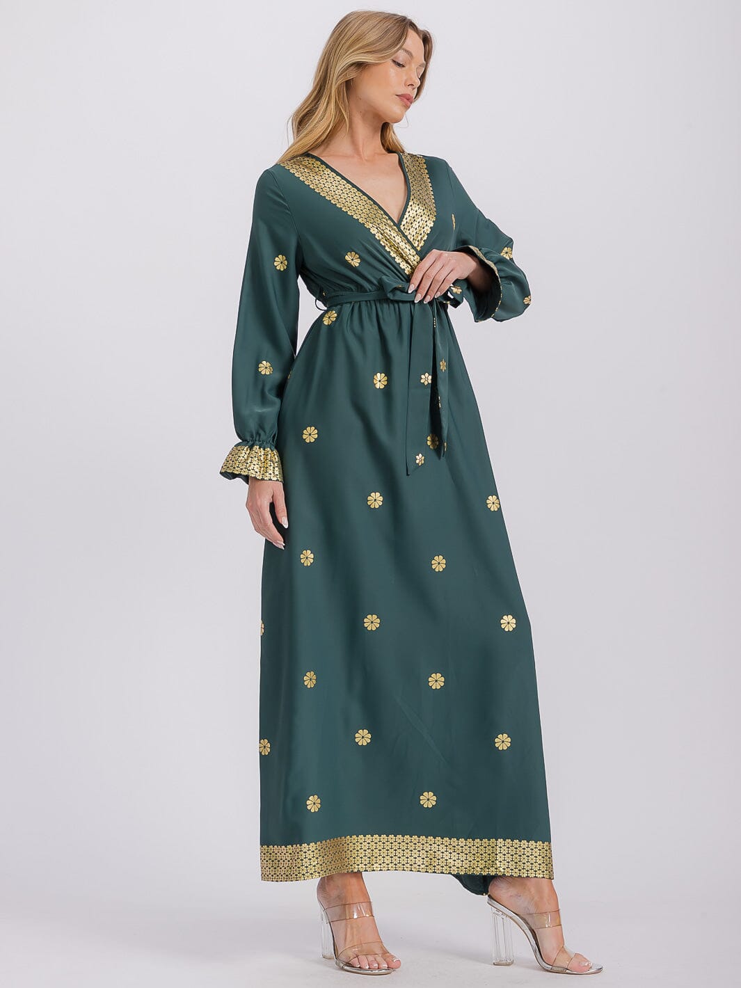 WOMEN'S LONG SLEEVE SURPLICE SELF TIE ELASTIC WAIST FLORAL MAXI DRESS