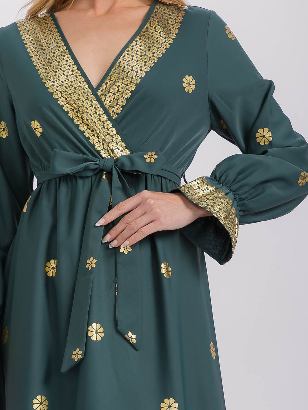 WOMEN'S LONG SLEEVE SURPLICE SELF TIE ELASTIC WAIST FLORAL MAXI DRESS