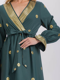 WOMEN'S LONG SLEEVE SURPLICE SELF TIE ELASTIC WAIST FLORAL MAXI DRESS